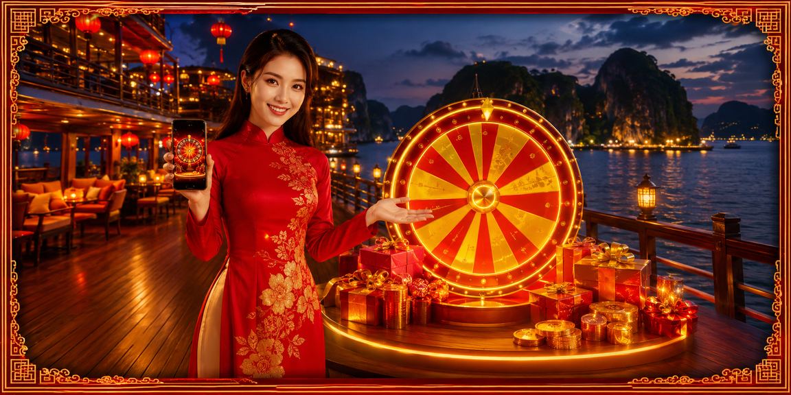 Phụ nữ mặc áo dài chơi roulette trực tuyến trên điện thoại tại vịnh Hạ Long